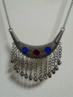 Silver-Tone Fringe Necklace with Blue and Red Accent Stones